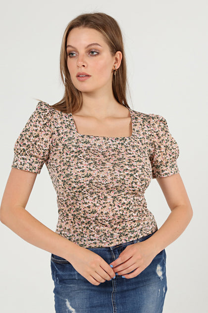 Women's Puff Sleeve Print Detail Top - WST485