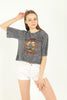 Women's Crop Acid Wash Print Detail Cotton T-Shirt MEPST261