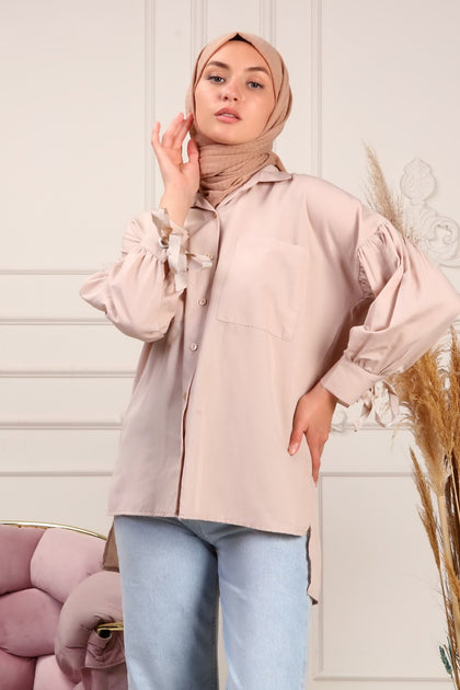 Women's Haya Oversized Button Eyelet Sleeve Detail Shirt - HAYWS3