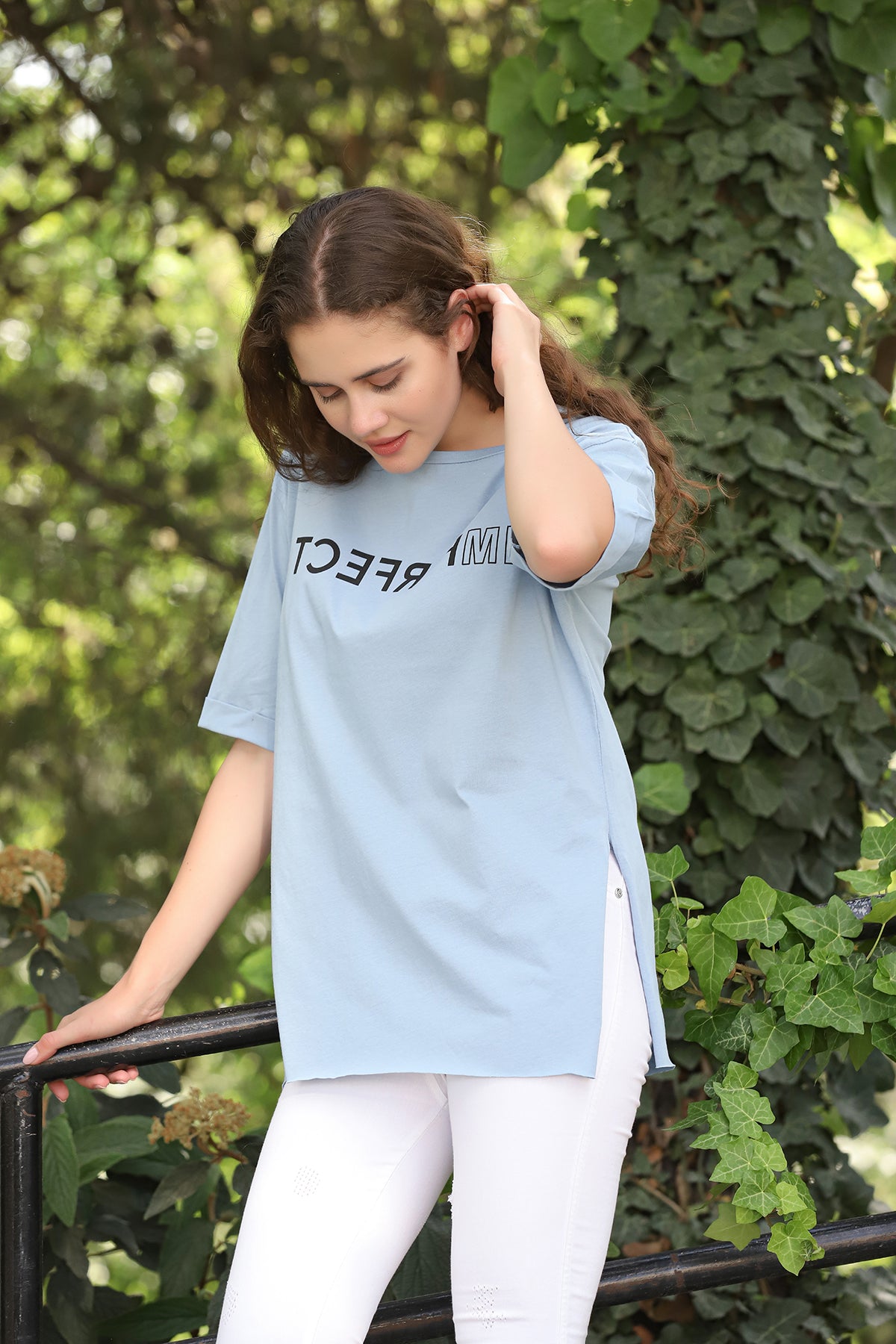 Women's Oversized Print Detail Cotton T-Shirt MEPST165