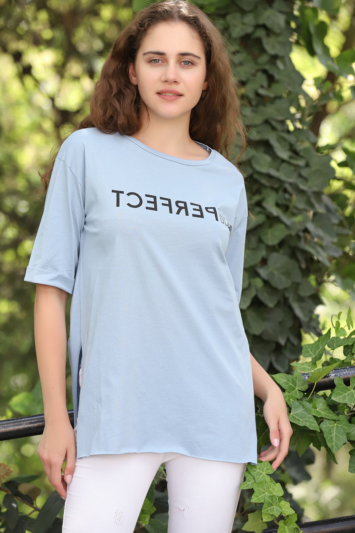 Women's Oversized Print Detail Cotton T-Shirt MEPST165