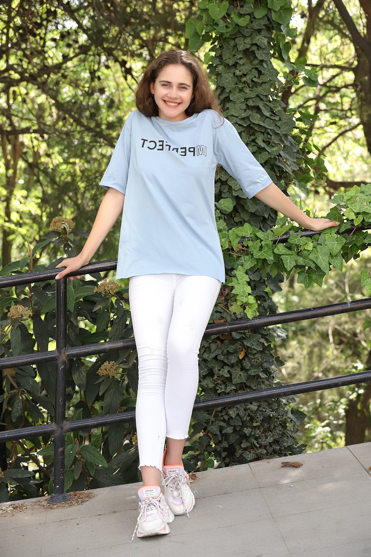 Women's Oversized Print Detail Cotton T-Shirt MEPST165