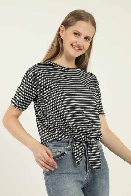 Women's Striped Self Tie Detail Cotton T-Shirt MEPST209