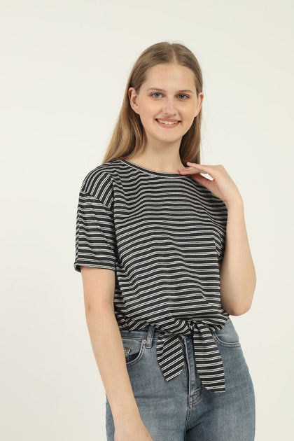 Women's Striped Self Tie Detail Cotton T-Shirt MEPST209