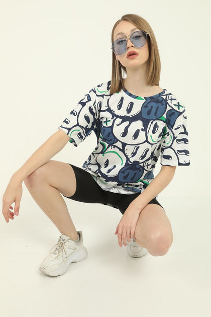 Women's Oversized All Over Print Detail Cotton T-Shirt MEPST253