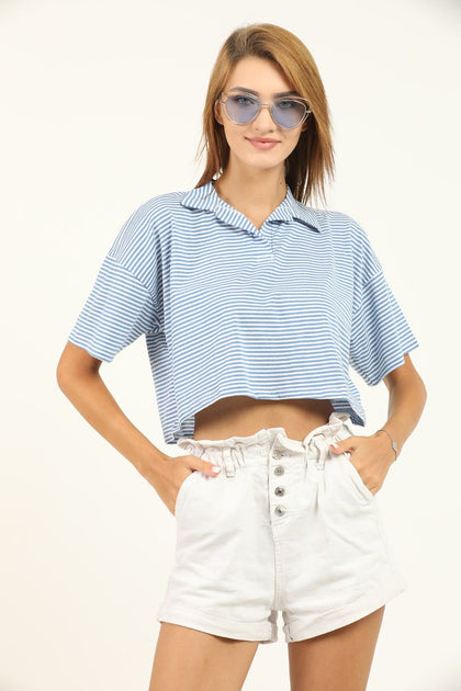 Women's Striped Polo Collar Cropped T-Shirt MEPST338