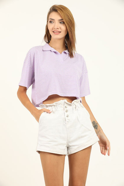 Women's Striped Polo Collar Cropped T-Shirt MEPST335