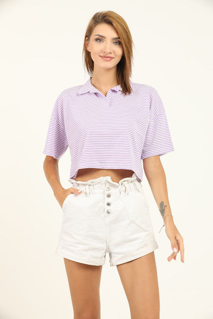 Women's Striped Polo Collar Cropped T-Shirt MEPST335