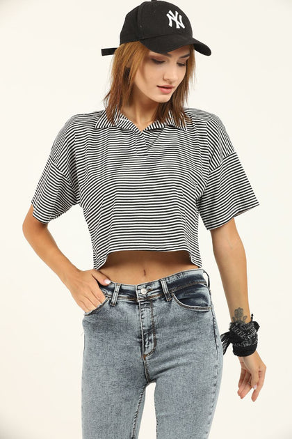 Women's Striped Polo Collar Cropped T-Shirt MEPST336