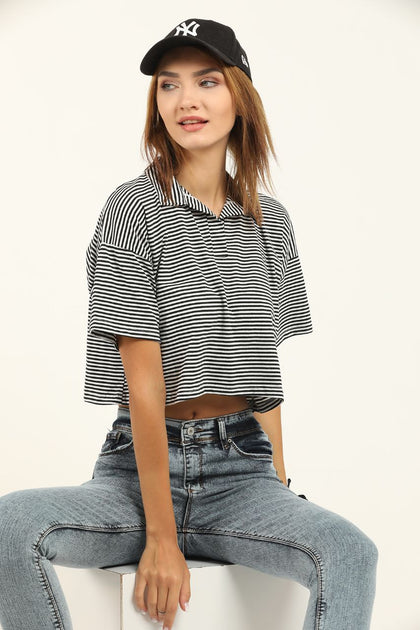 Women's Striped Polo Collar Cropped T-Shirt MEPST336