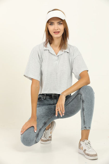 Women's Striped Polo Collar Cropped T-Shirt MEPST337