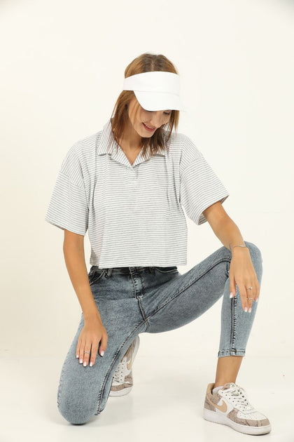 Women's Striped Polo Collar Cropped T-Shirt MEPST337