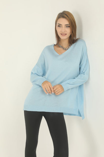 Women's Oversized V Neck Knitted Sweater by Memnu - MEWS158