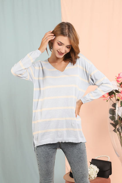 Women's Oversized Knitted Striped Sweater by Memnu - MEWS174