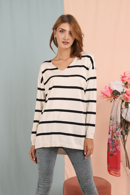 Women's Oversized Knitted Striped Sweater by Memnu - MEWS178