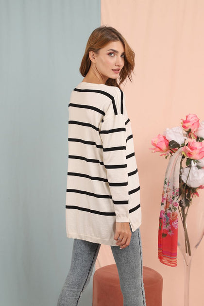 Women's Oversized Knitted Striped Sweater by Memnu - MEWS178