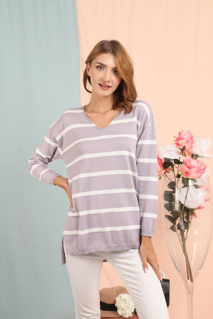 Women's Oversized Knitted Striped Sweater by Memnu - MEWS176