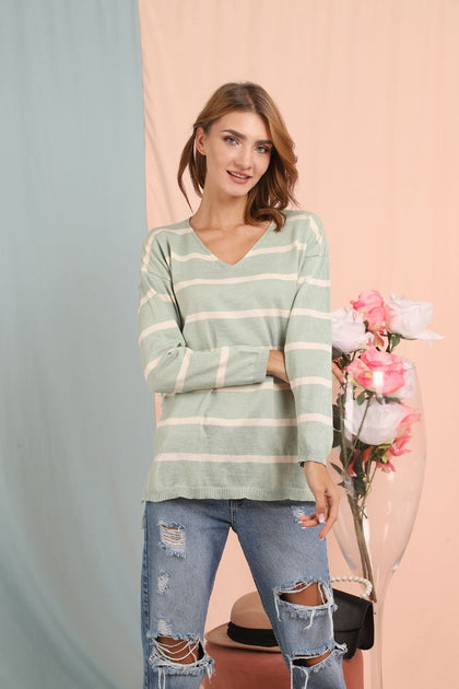 Women's Oversized Knitted Striped Sweater by Memnu - MEWS179