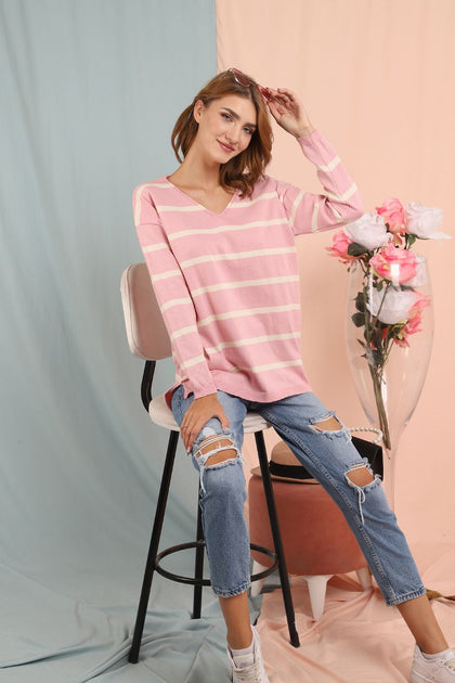 Women's Oversized Knitted Striped Sweater by Memnu - MEWS180