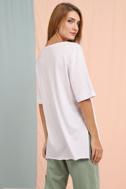 Women's Oversized Fold Sleeve Detail Cotton T-Shirt MEPST381