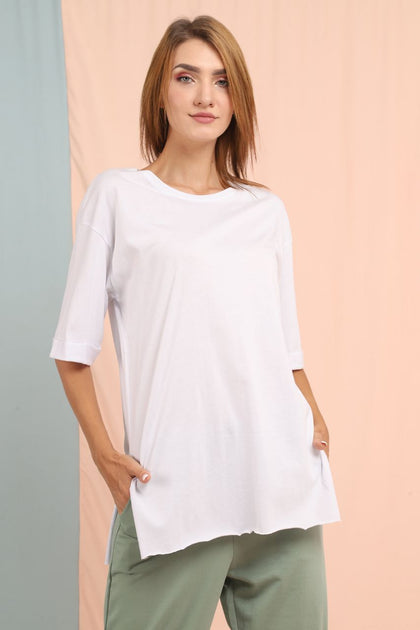 Women's Oversized Fold Sleeve Detail Cotton T-Shirt MEPST381