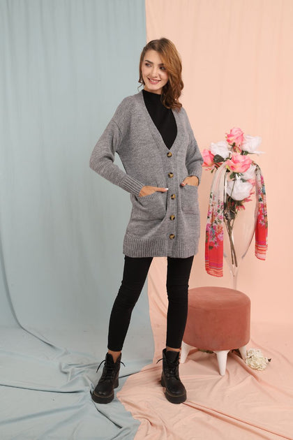 Women's Knitted Long Pocket Cardigan by Memnu - MEWS206