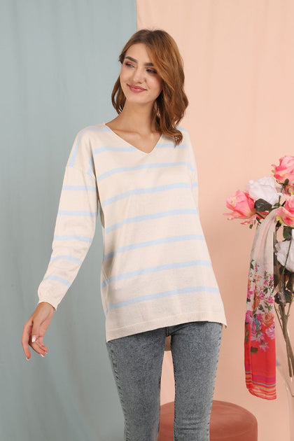 Women's Oversized Knitted Striped Sweater by Memnu - MEWS149