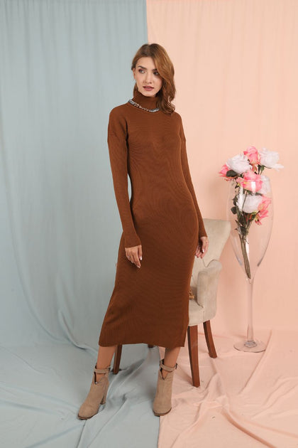 Womens Knitted High Neck Maxi Dress MEWKND80