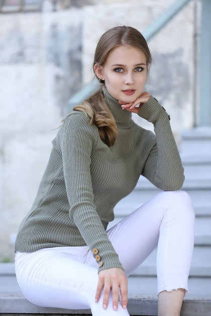 Women's Button High Neck Detail Sweater by Memnu - MEWS216