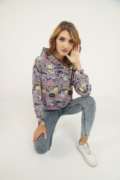 Womens Cotton Printed Hoodie - MEWSHO1