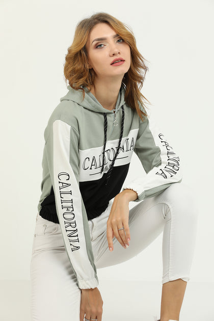 Womens Cotton Printed Color Block Hoodie - MEWSHO4