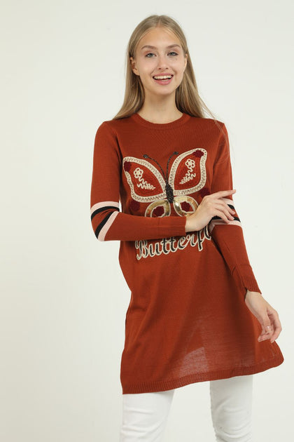 Women's Embellished Detail Long Sweater by Memnu - MEWS297