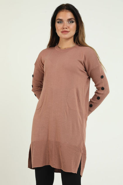 Women's Button and Pocket Detail Long Sweater by Memnu - MEWS302