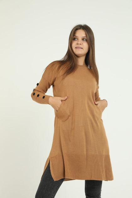 Women's Button and Pocket Detail Long Sweater by Memnu - MEWS303