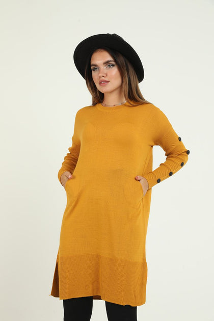 Women's Button and Pocket Detail Long Sweater by Memnu - MEWS299