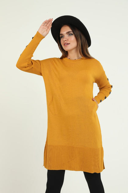 Women's Button and Pocket Detail Long Sweater by Memnu - MEWS299