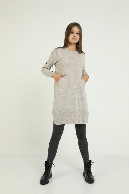 Women's Button and Pocket Detail Long Sweater by Memnu - MEWS300