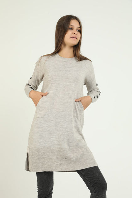 Women's Button and Pocket Detail Long Sweater by Memnu - MEWS300