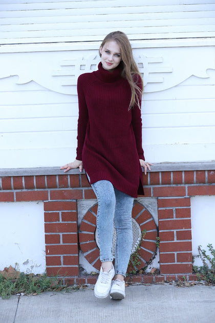 Women's High Neck Detail Long Sweater by Memnu - MEWS331