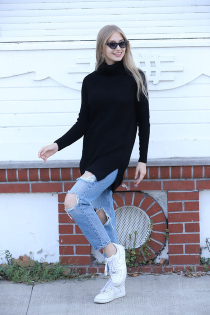 Women's High Neck Detail Long Sweater by Memnu - MEWS335