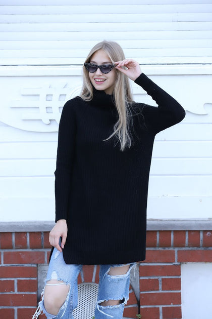 Women's High Neck Detail Long Sweater by Memnu - MEWS335