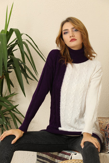 Women's Cable Knit Detail Color Block Long Sweater by Memnu - MEWS424