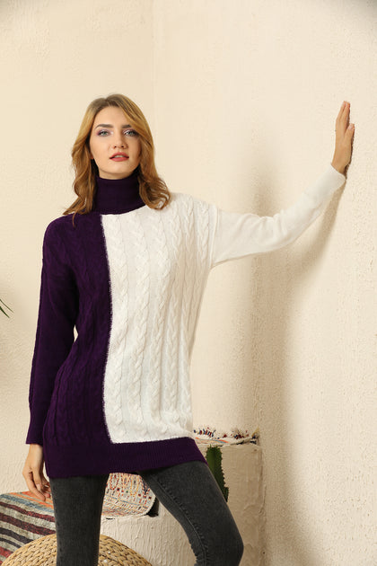 Women's Cable Knit Detail Color Block Long Sweater by Memnu - MEWS424