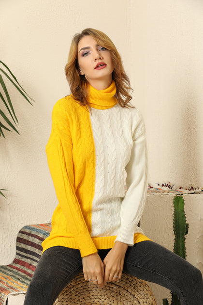 Women's Cable Knit Detail Color Block Long Sweater by Memnu - MEWS425