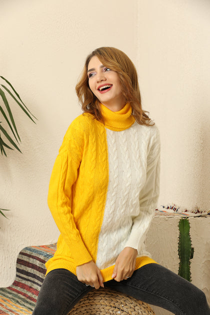 Women's Cable Knit Detail Color Block Long Sweater by Memnu - MEWS425