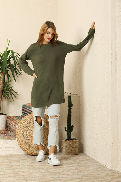 Women's Round Neck Long Sweater by Memnu - MEWS426