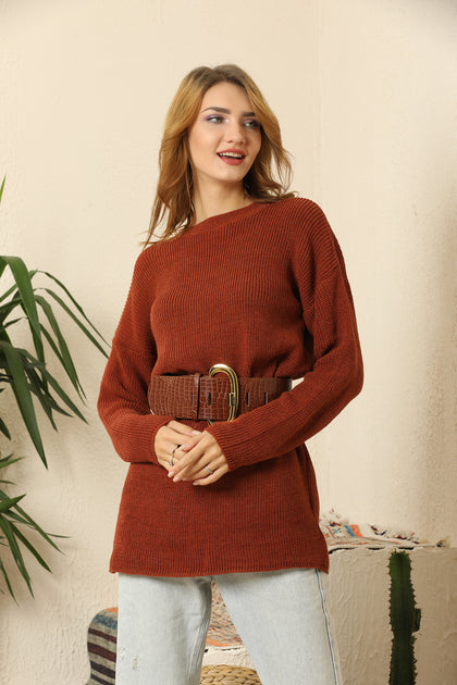 Women's Round Neck Long Sweater by Memnu - MEWS427