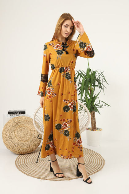 Women's Floral Printed Lace Detail Maxi Dress - MWMSD102