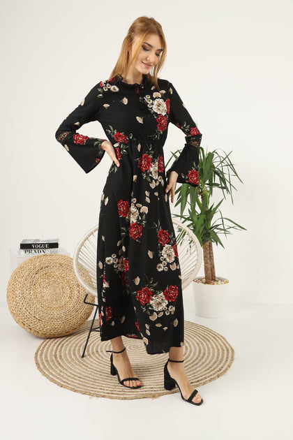 Women's Floral Printed Lace Detail Maxi Dress - MWMSD103