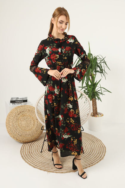 Women's Floral Printed Lace Detail Maxi Dress - MWMSD115